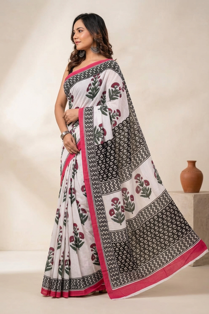 Ivory & Pink floral cotton saree, product view 3.