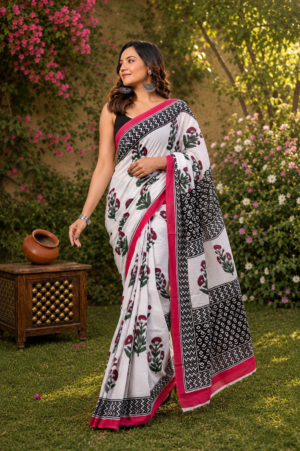 Ivory & Pink floral cotton saree, product view 4.
