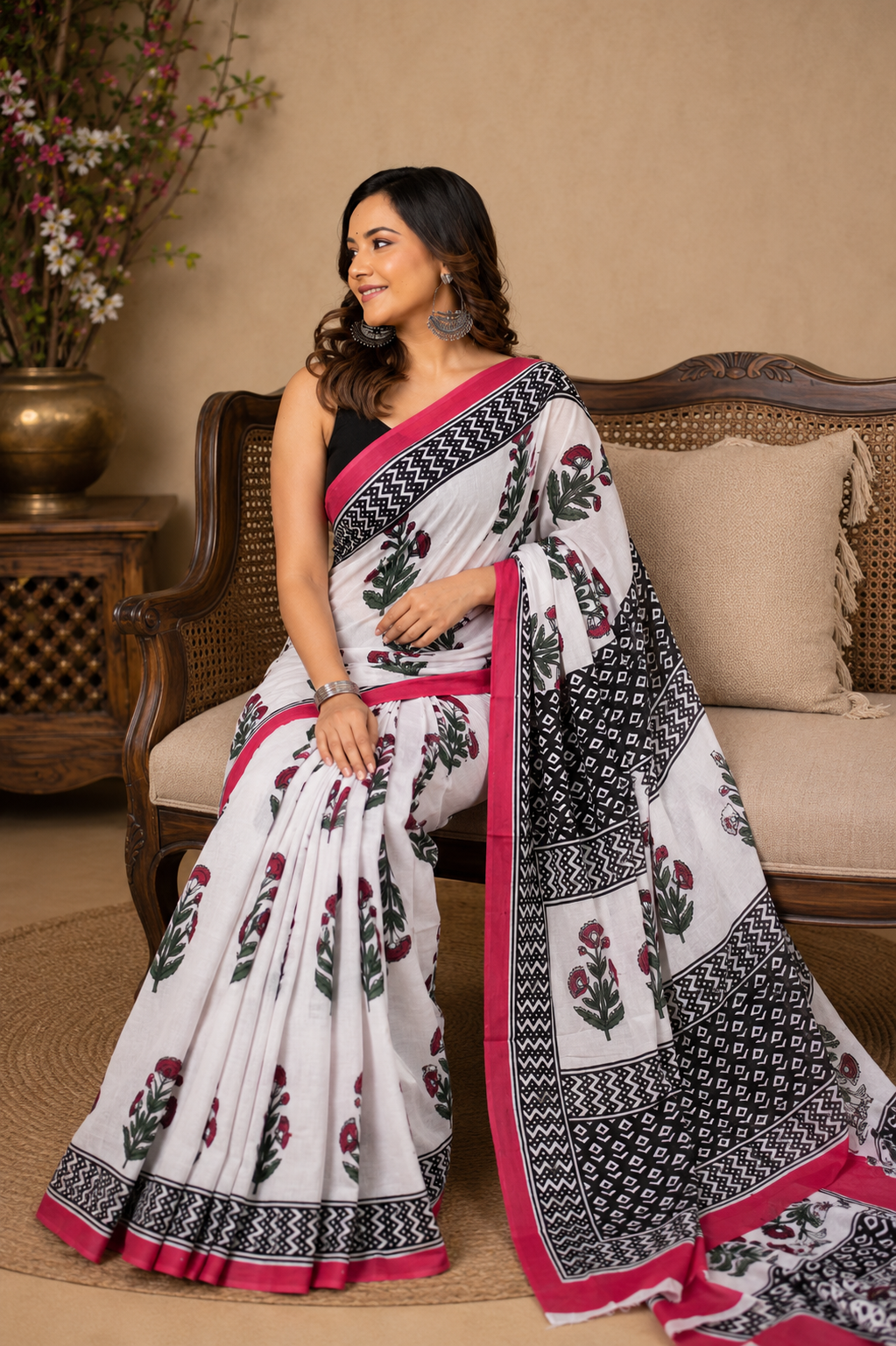 Ivory & Pink floral cotton saree, product view 5.
