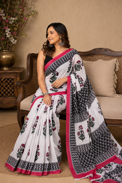 Ivory & Pink floral cotton saree, product view 5.