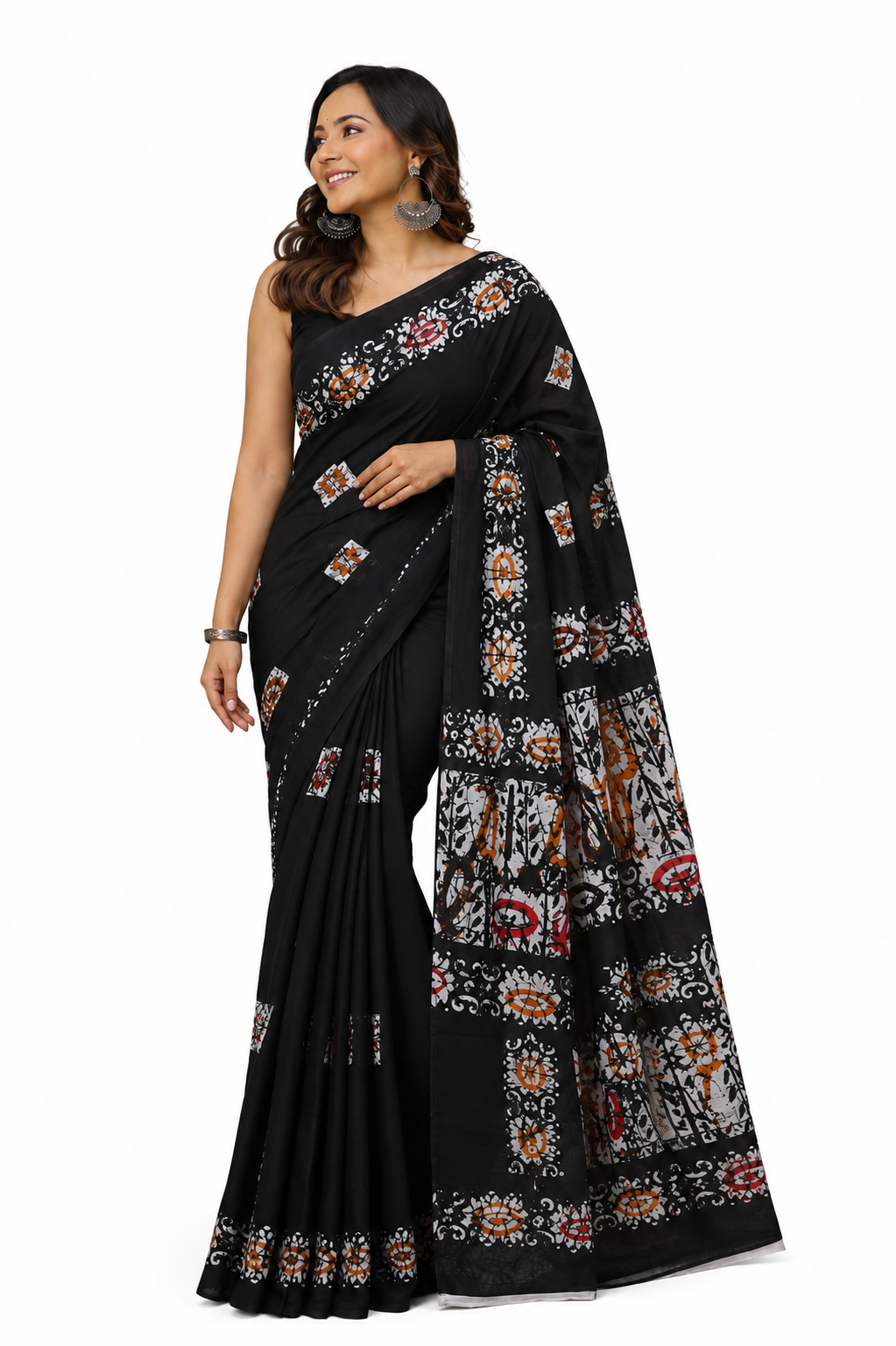 Black & Multicolour floral border cotton saree, product view 1.