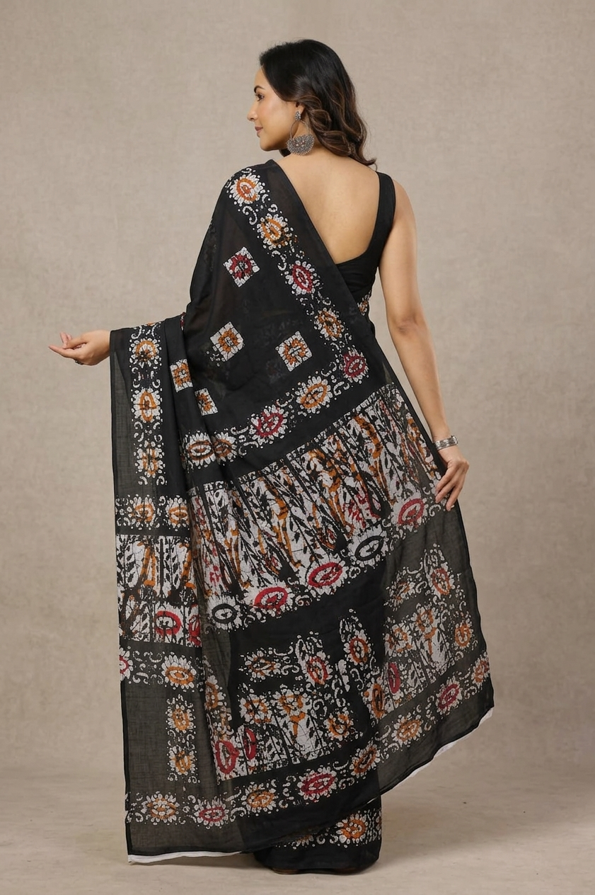 Black & Multicolour floral border cotton saree, product view 2.