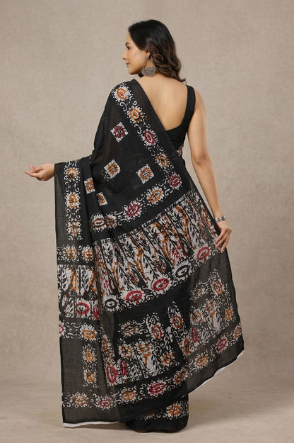 Black & Multicolour floral border cotton saree, product view 2.