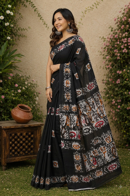 Black & Multicolour floral border cotton saree, product view 3.