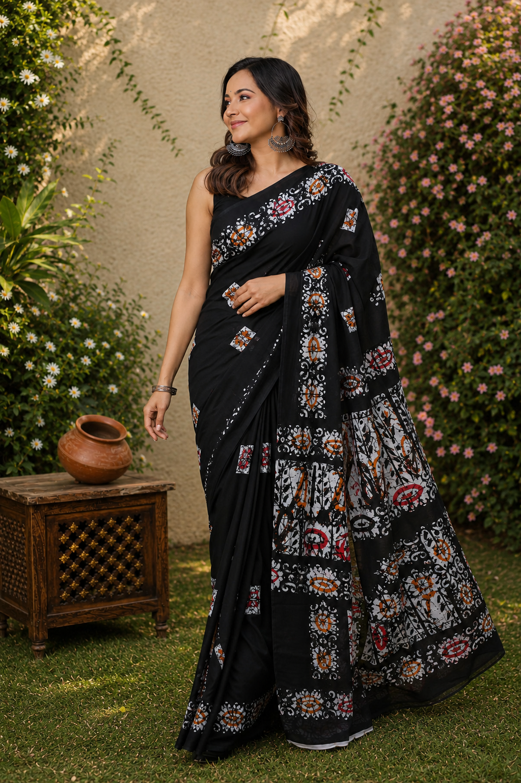 Black & Multicolour floral border cotton saree, product view 4.