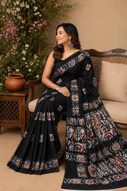 Black & Multicolour floral border cotton saree, product view 5.