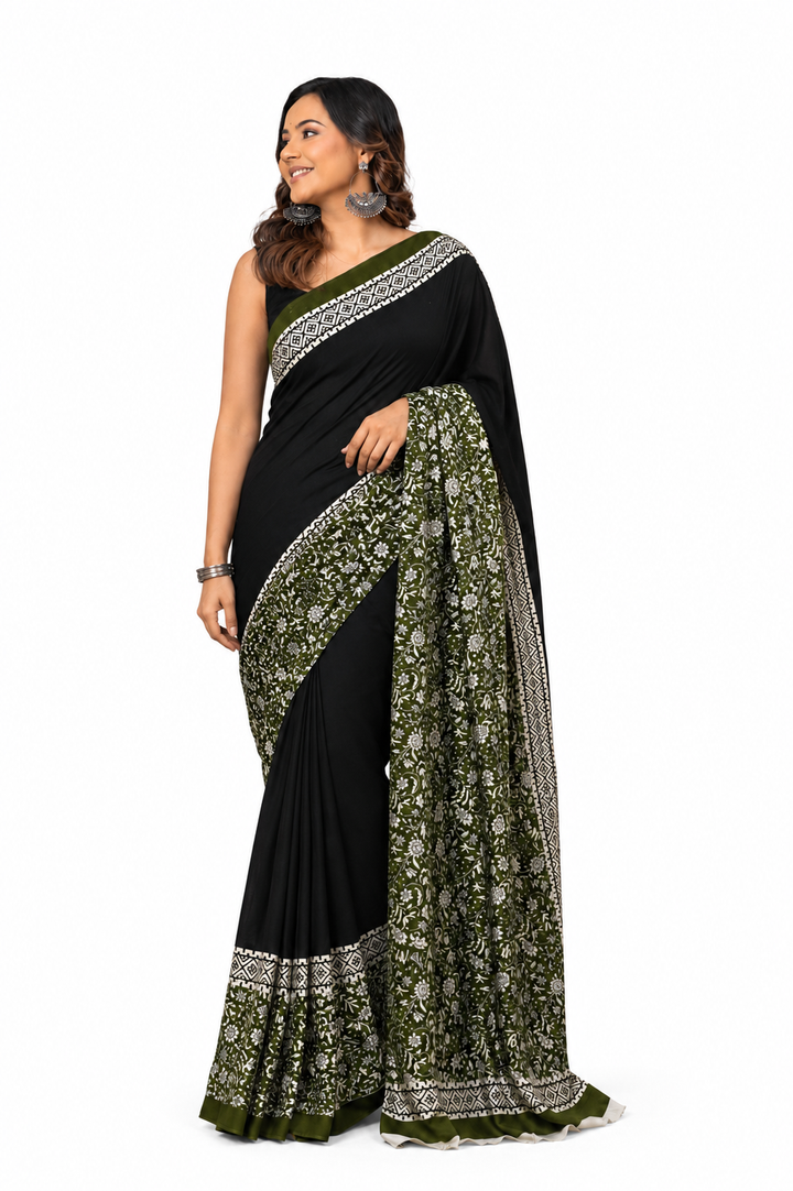 Black & Olive Green botanical border cotton saree, product view 1.
