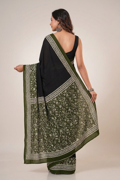 Black & Olive Green botanical border cotton saree, product view 2.