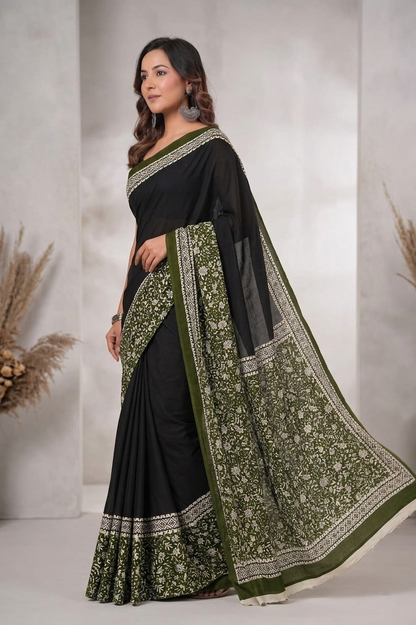 Black & Olive Green botanical border cotton saree, product view 3.
