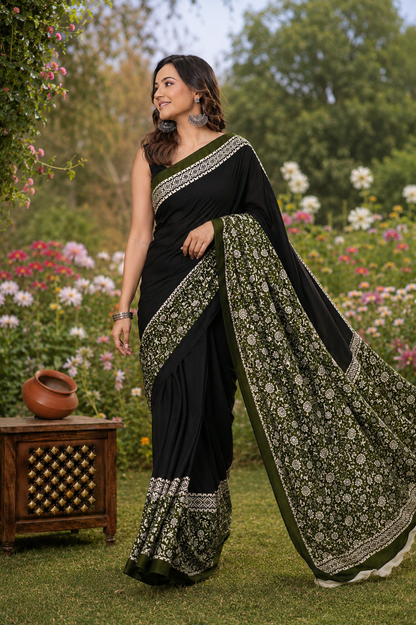 Black & Olive Green botanical border cotton saree, product view 4.