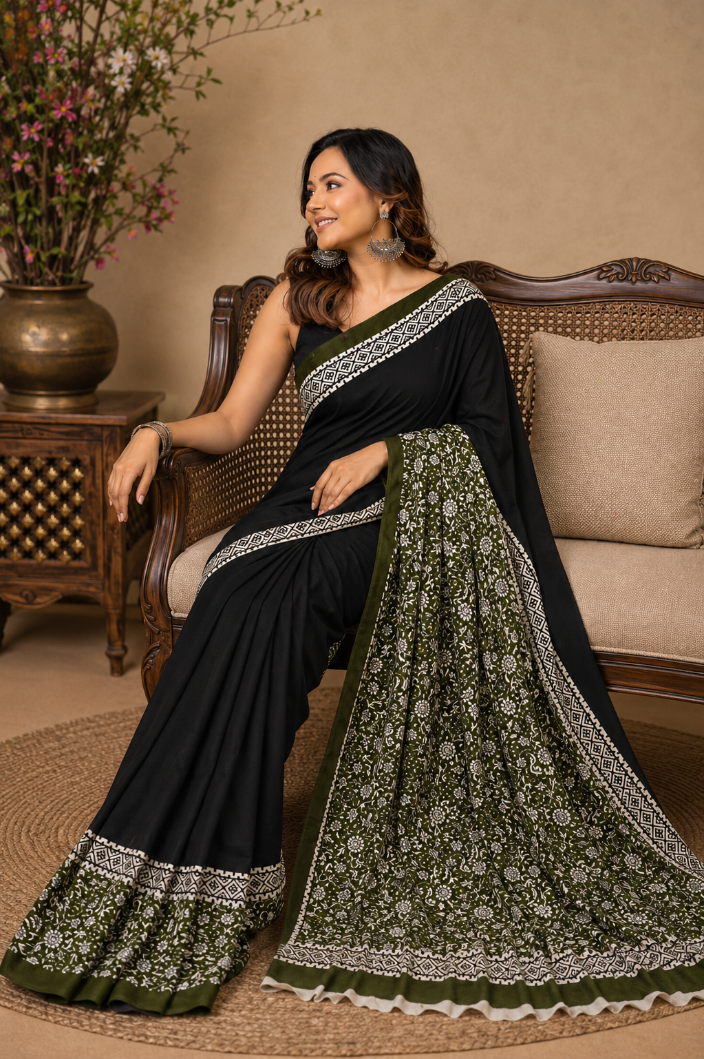 Black & Olive Green botanical border cotton saree, product view 5.