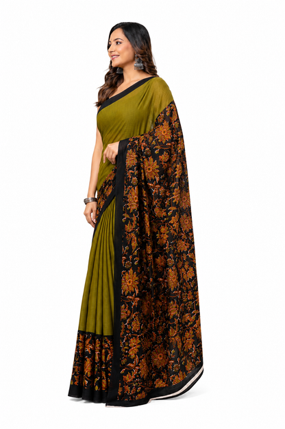 Olive Green & Black floral border cotton saree, product view 1.