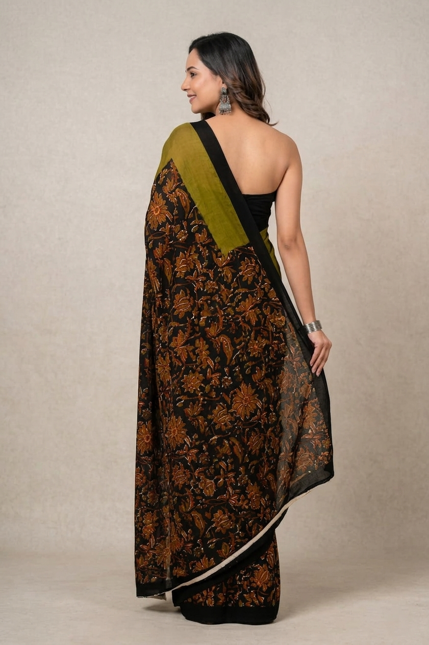 Olive Green & Black floral border cotton saree, product view 2.