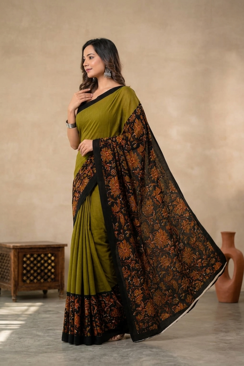 Olive Green & Black floral border cotton saree, product view 3.