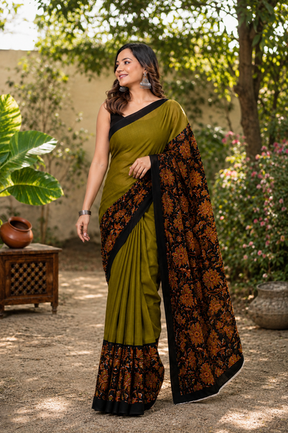 Olive Green & Black floral border cotton saree, product view 4.