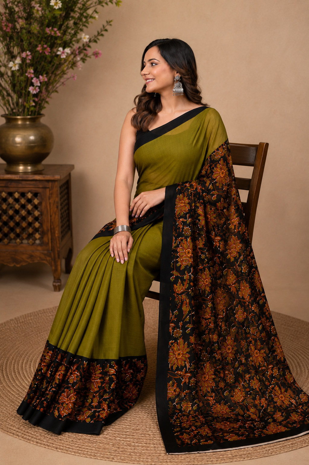 Olive Green & Black floral border cotton saree, product view 5.