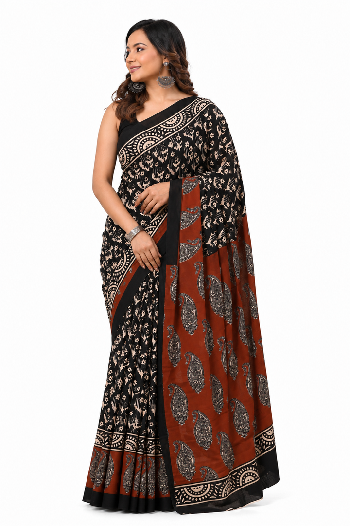 Black & Rust botanical cotton saree, product view 1.