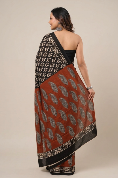 Black & Rust botanical cotton saree, product view 2.