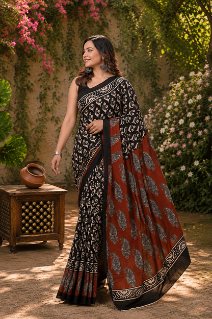 Black & Rust botanical cotton saree, product view 3.