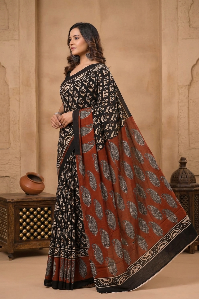 Black & Rust botanical cotton saree, product view 4.