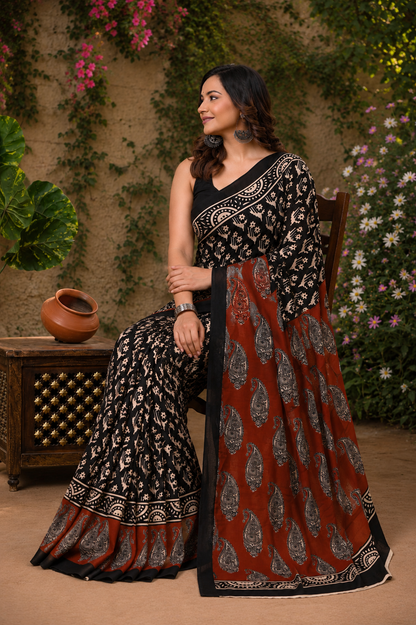 Black & Rust botanical cotton saree, product view 5.