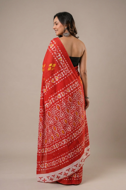 Red & Ivory geometric cotton saree, product view 1.