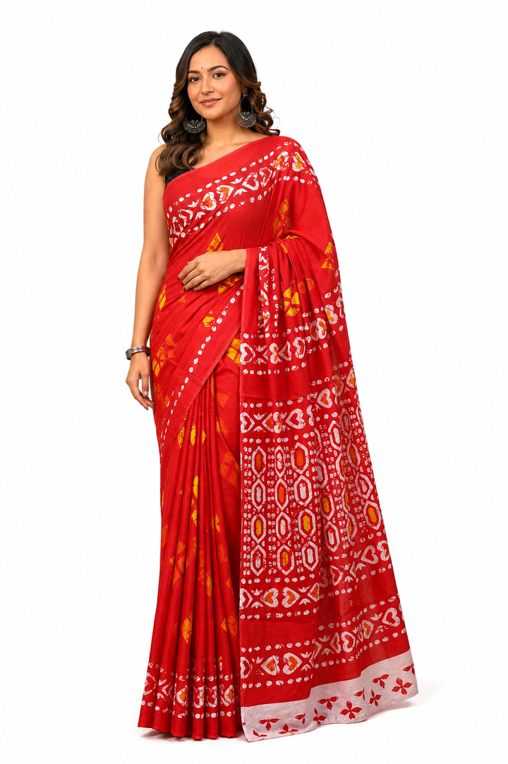 Red & Ivory geometric cotton saree, product view 2.