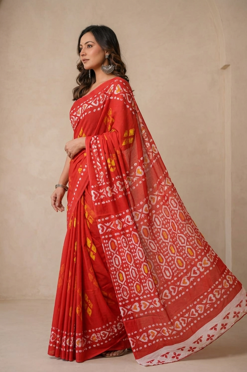 Red & Ivory geometric cotton saree, product view 3.
