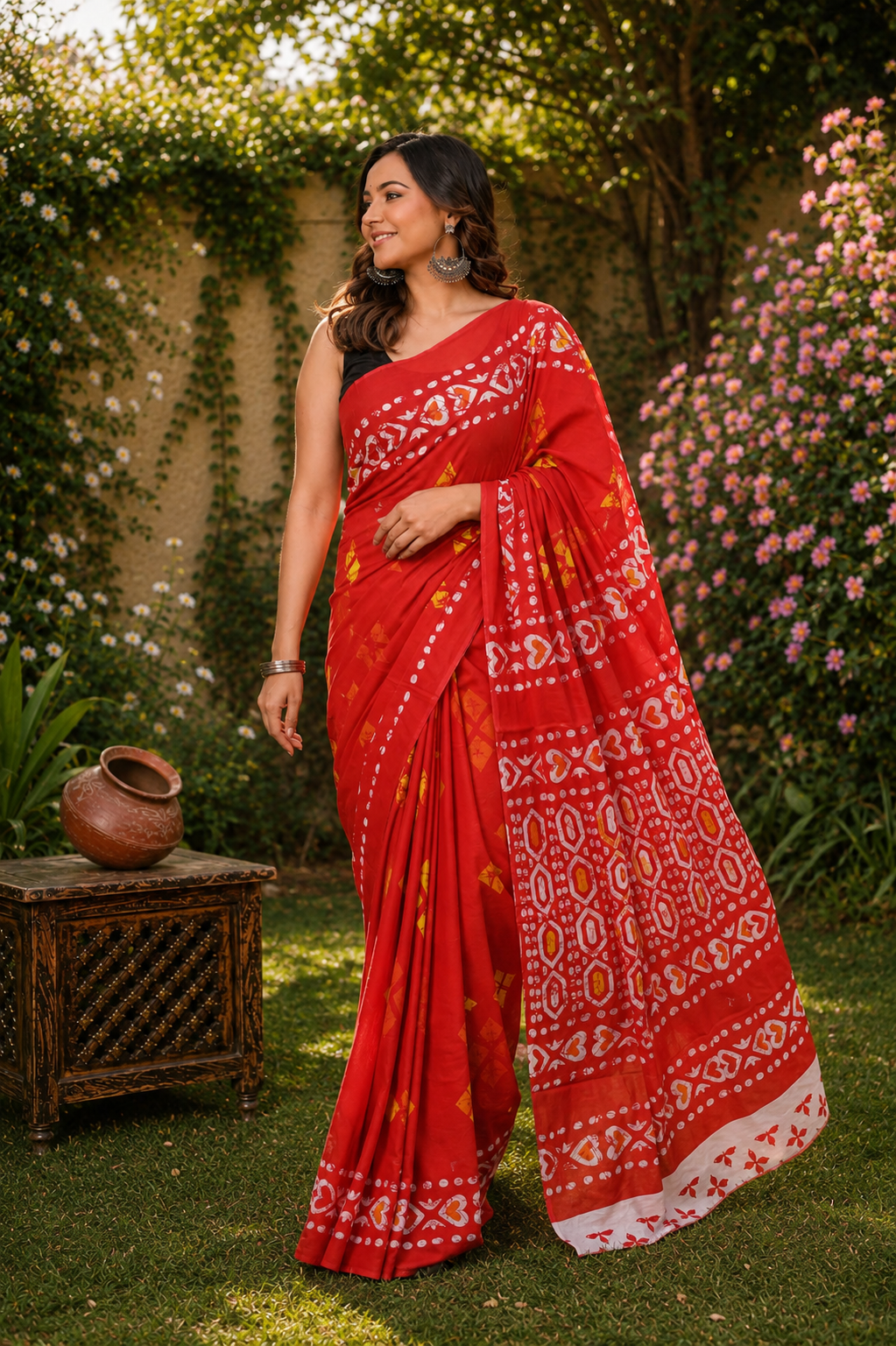 Red & Ivory geometric cotton saree, product view 4.