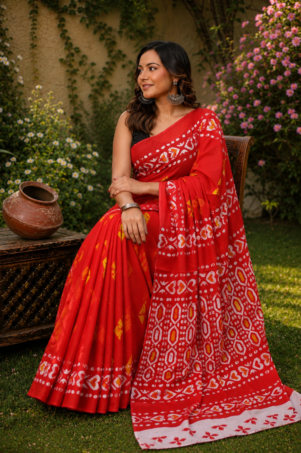 Red & Ivory geometric cotton saree, product view 5.