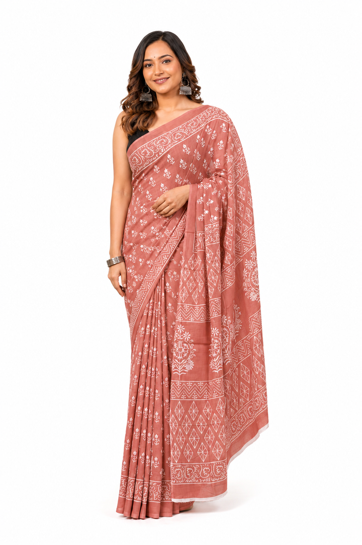 Dusty Rose & Ivory decorative motif cotton saree, product view 1.