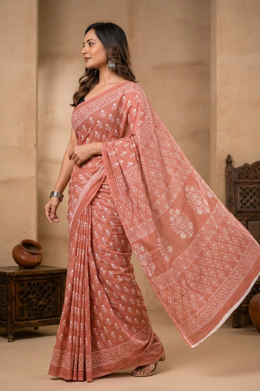 Dusty Rose & Ivory decorative motif cotton saree, product view 3.