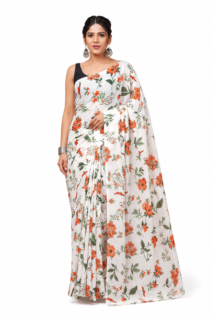 Ivory & Orange floral cotton saree, product view 1.
