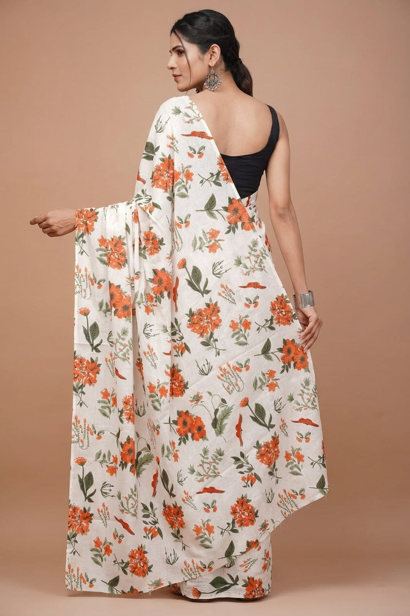 Ivory & Orange floral cotton saree, product view 2.