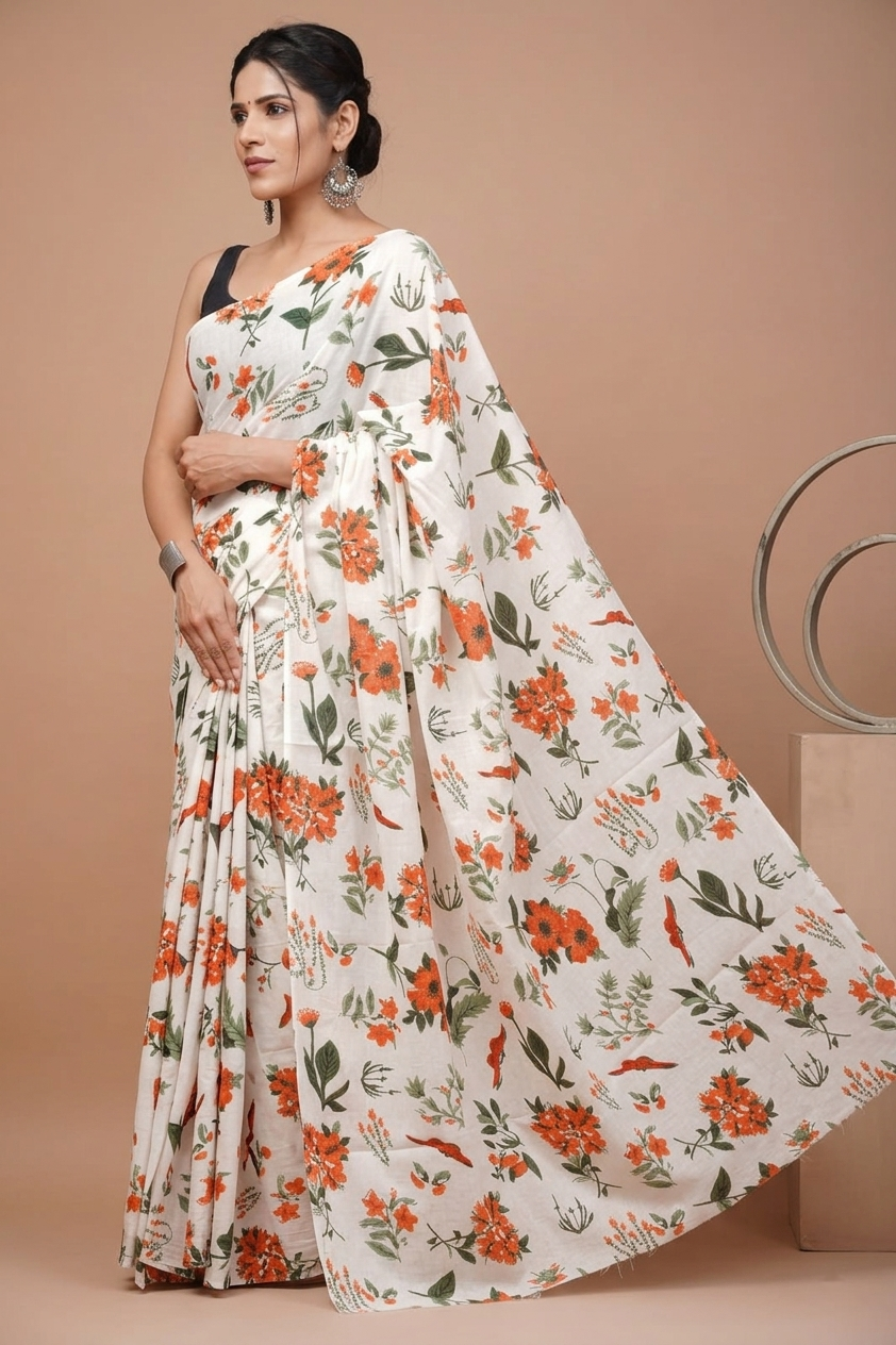 Ivory & Orange floral cotton saree, product view 3.