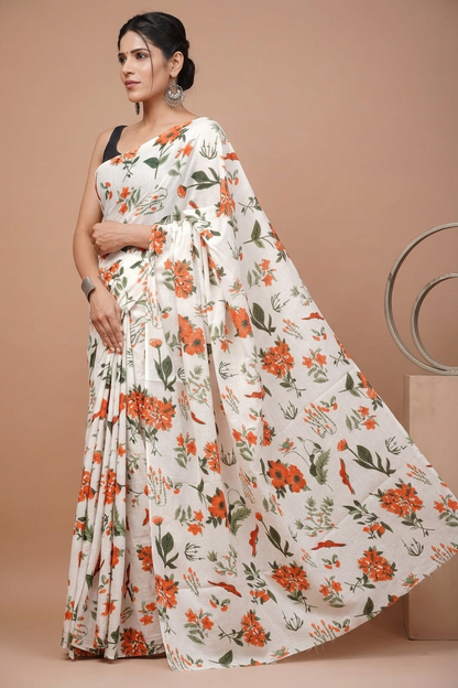 Ivory & Orange floral cotton saree, product view 3.