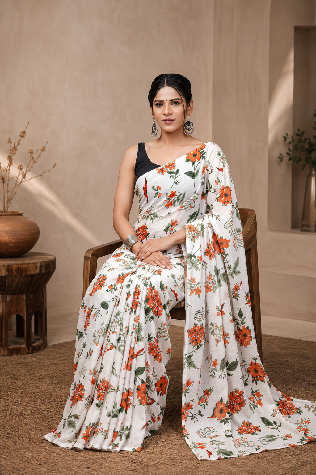 Ivory & Orange floral cotton saree, product view 5.