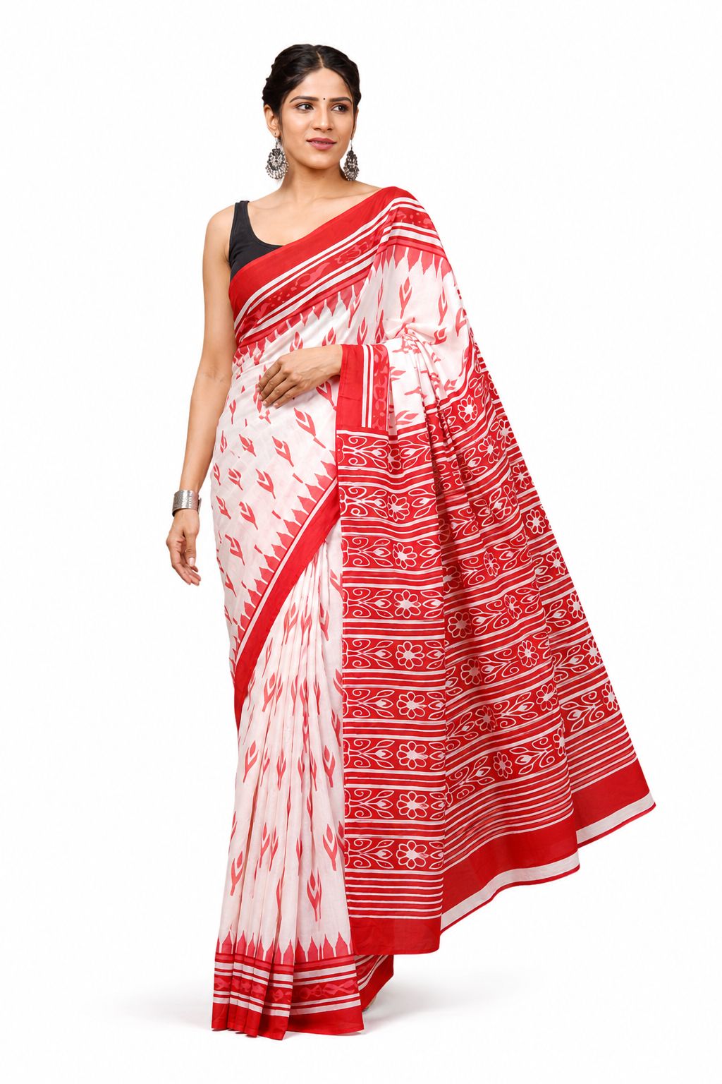 Red & Ivory botanical cotton saree, product view 1.