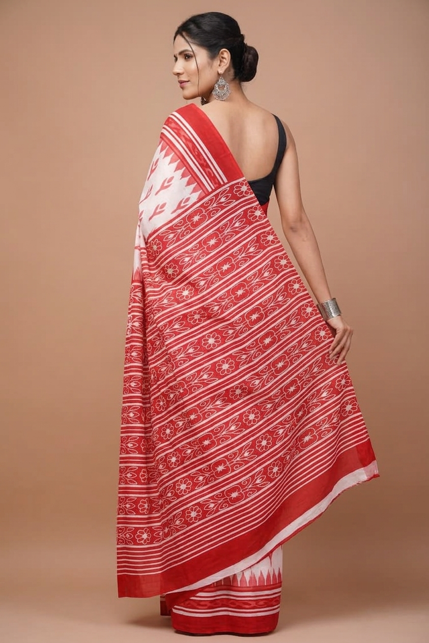 Red & Ivory botanical cotton saree, product view 2.