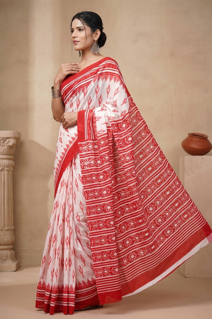 Red & Ivory botanical cotton saree, product view 3.