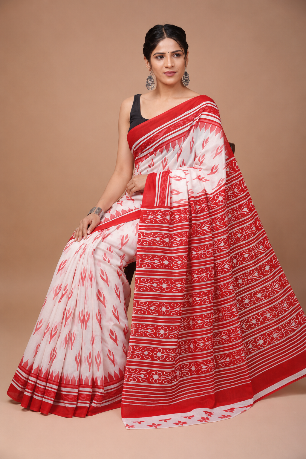 Red & Ivory botanical cotton saree, product view 5.
