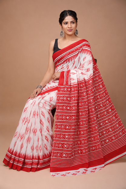 Red & Ivory botanical cotton saree, product view 5.