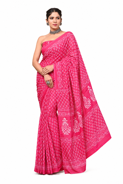 Fuchsia Pink & White lattice cotton saree, product view 1.