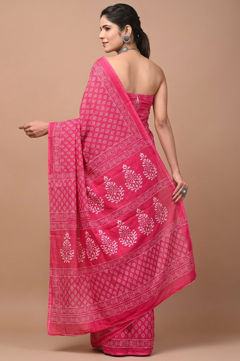 Fuchsia Pink & White lattice cotton saree, product view 2.
