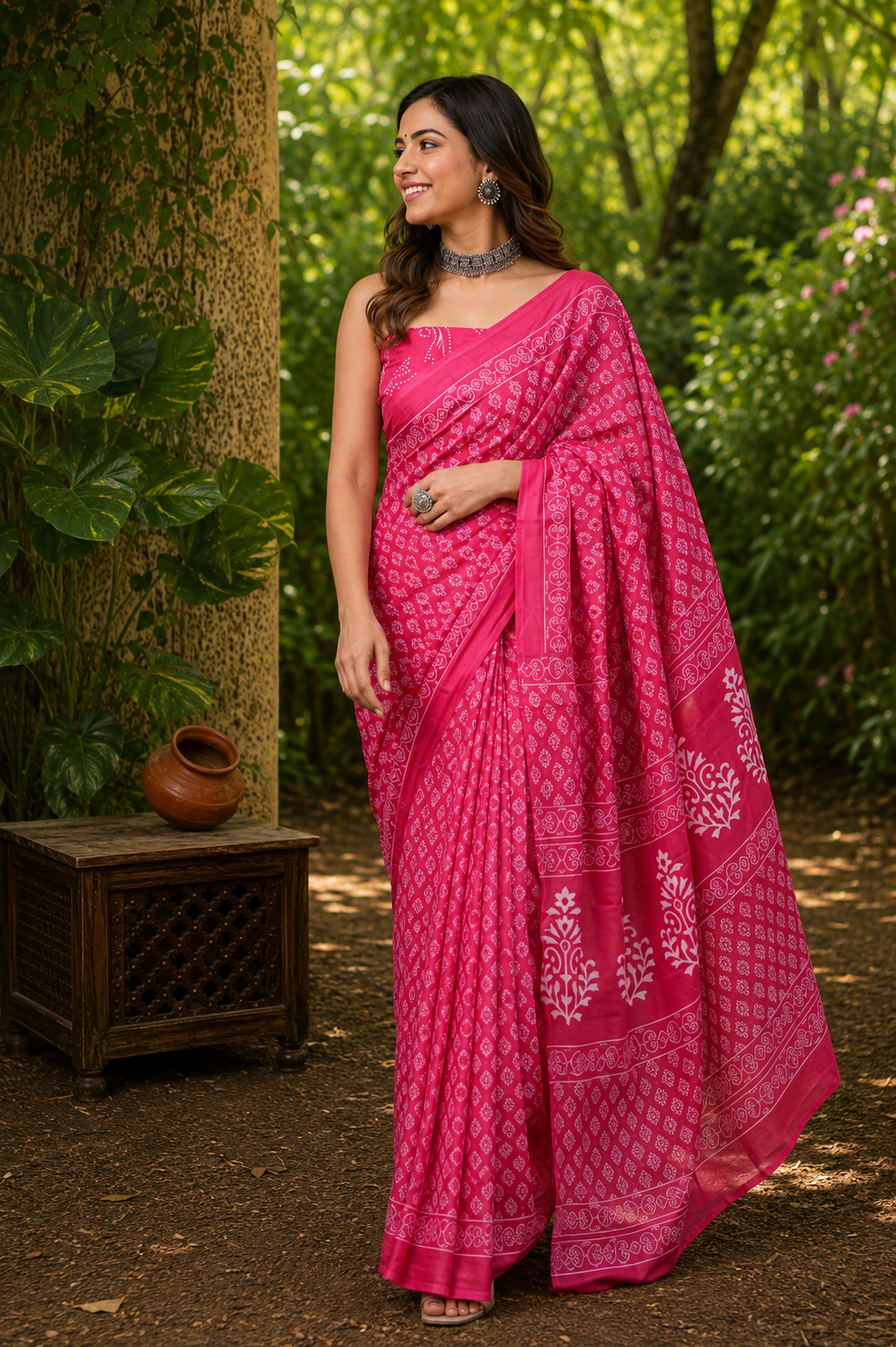 Fuchsia Pink & White lattice cotton saree, product view 3.