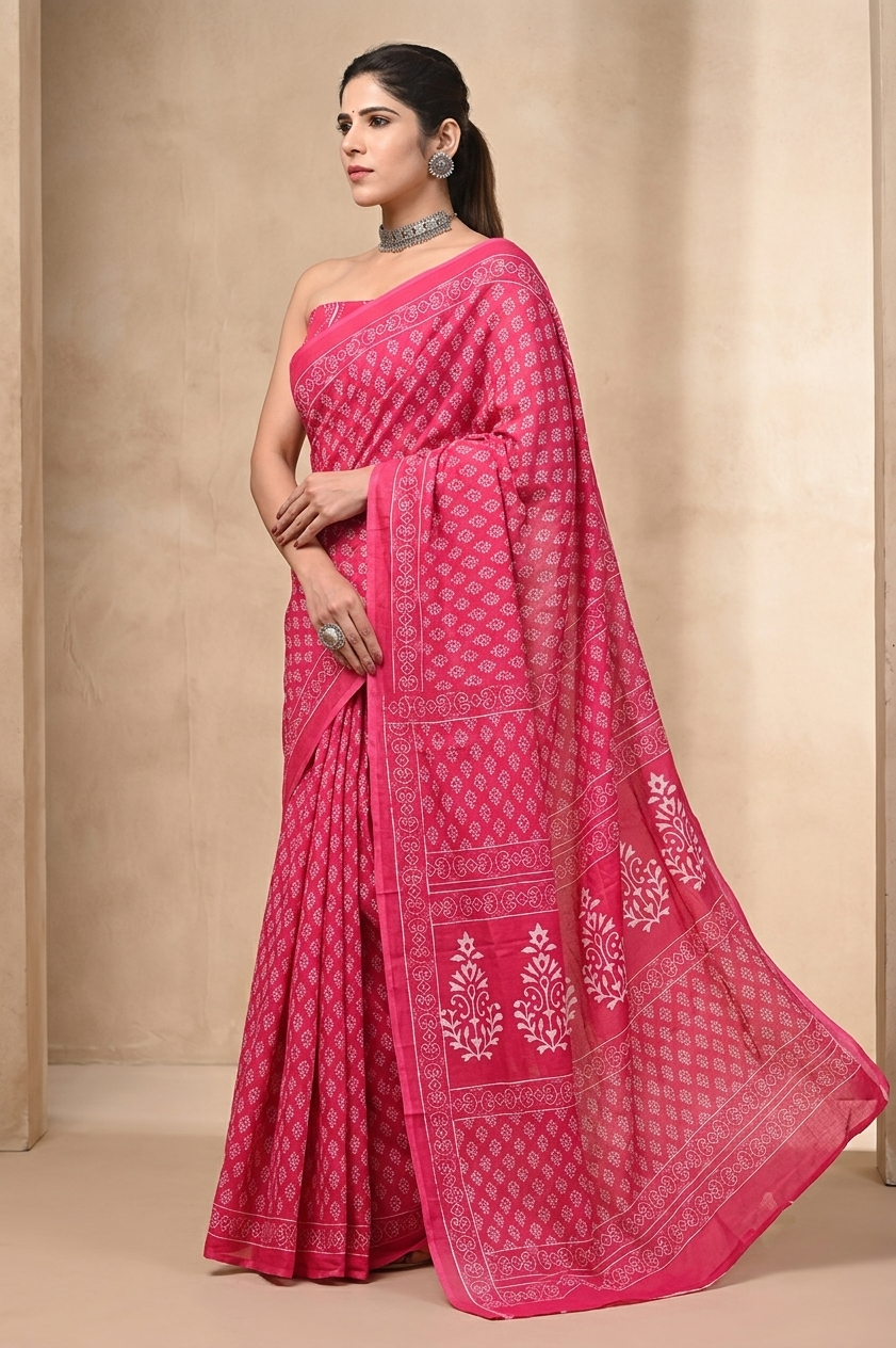 Fuchsia Pink & White lattice cotton saree, product view 4.