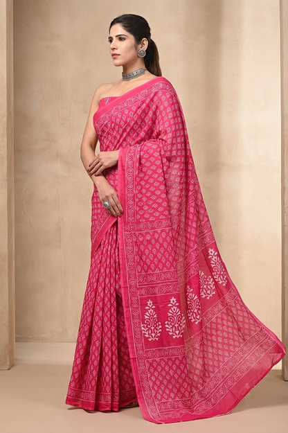 Fuchsia Pink & White lattice cotton saree, product view 4.