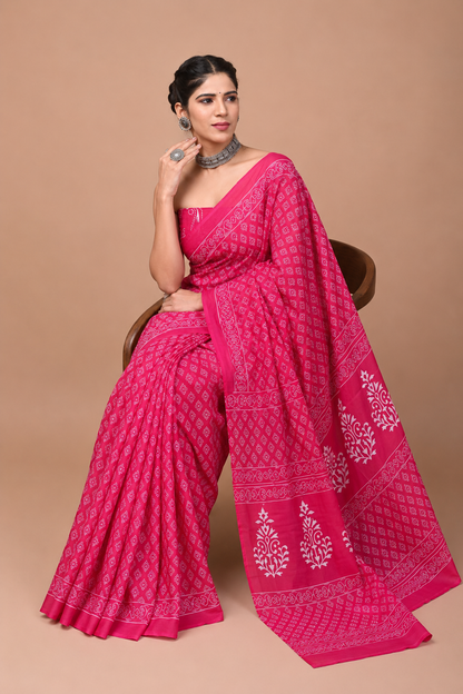 Fuchsia Pink & White lattice cotton saree, product view 5.