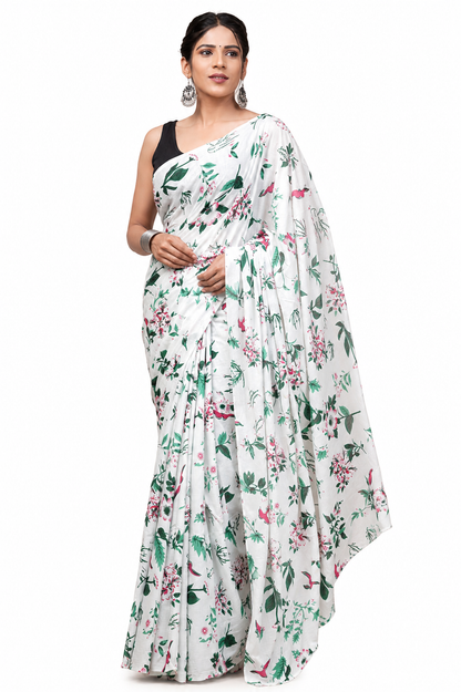 Ivory & Green floral cotton saree, product view 1.
