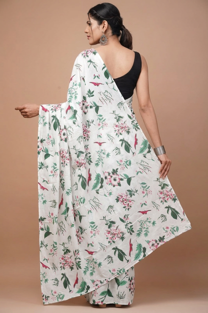 Ivory & Green floral cotton saree, product view 2.